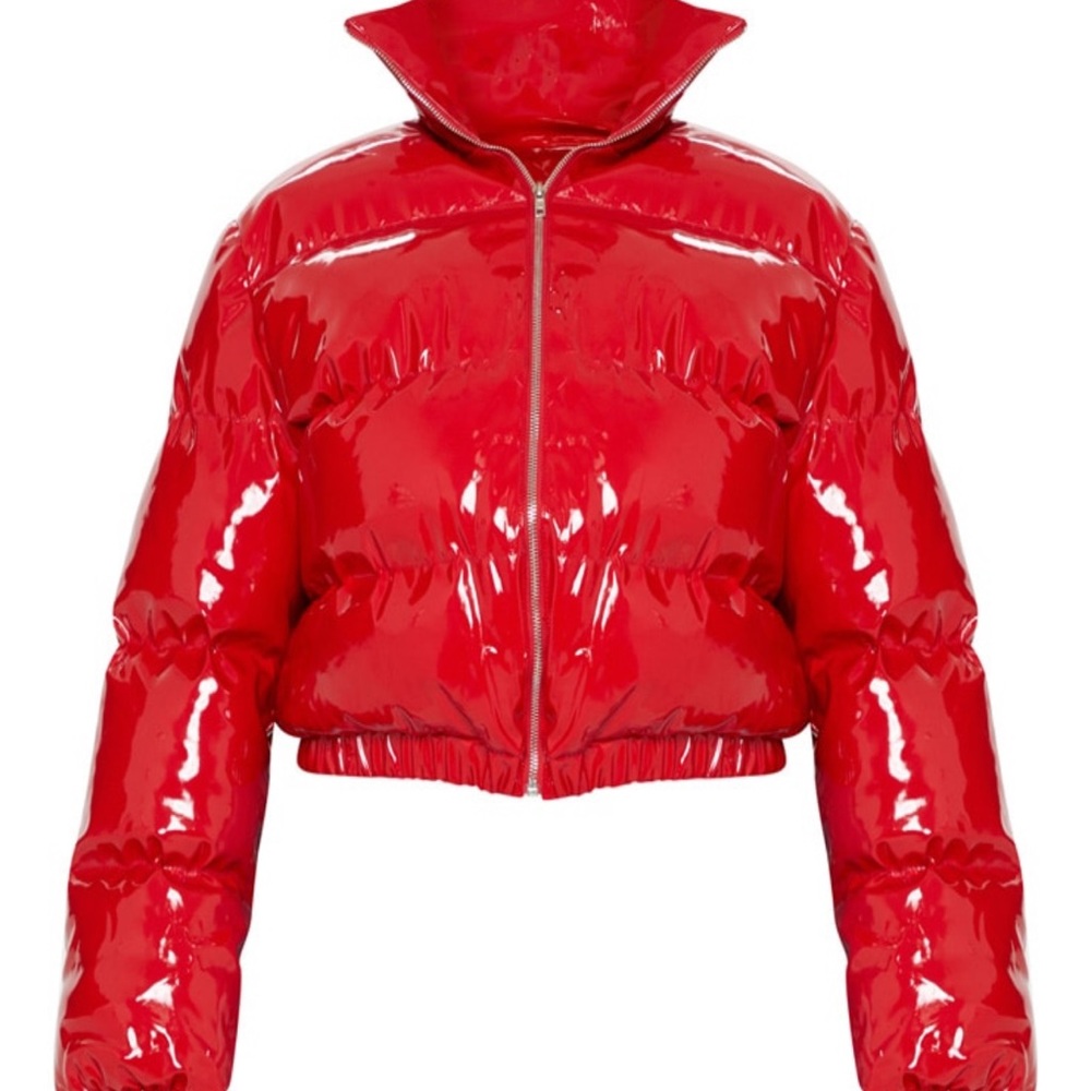 Red Cropped Vinyl Puffer Jacket